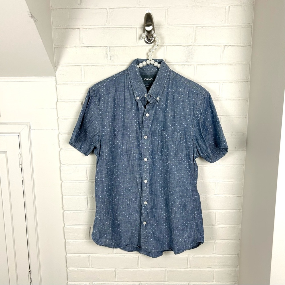 Bonobos Tailored Slim Fit Blue Cotton Chambray Polka Dot Button Down Shirt